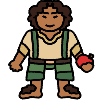 a short, smiling person with light brown skin, and dark curly brown hair on their head and feet. they wear short, cut-off green trousers with suspenders, a light yellow shirt with embroidered hems, and are holding an apple.